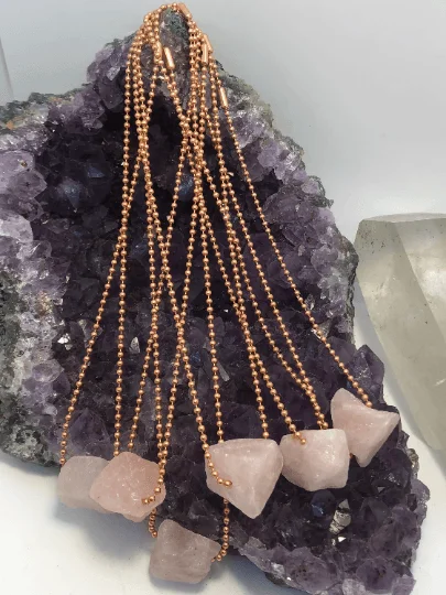 statement necklaces for women -Rose Quartz Nugget on Copper Chain Necklace