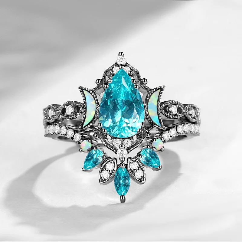 affordable engagement rings -Crescent Moon | Pear Cut Lab Paraiba 'Ultra Galaxy' Black Gold Engagement Ring Set 2pcs