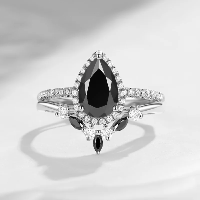 heart-shaped diamond engagement rings -Pear Shaped Black Moissanite Engagement Ring Set