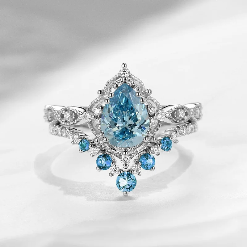 oval cut engagement rings for women -Antique Pear Cut Blue Lab Diamond Engagement Ring 2pcs