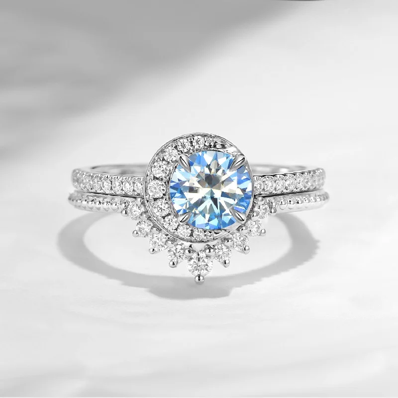 radiant-cut diamond engagement rings -Crescent Moon | Unique Aqua Blue Moissanite Engagement Ring Set 2pcs - Full Moon