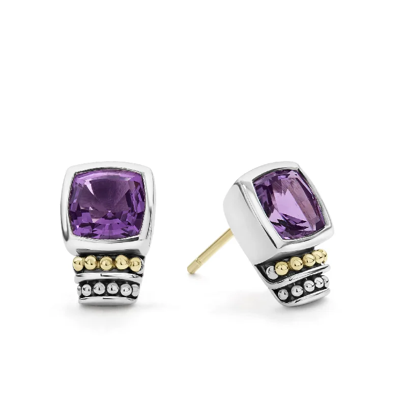 silver earrings for women -Caviar Color Bezel-Set Amethyst Stud Earrings