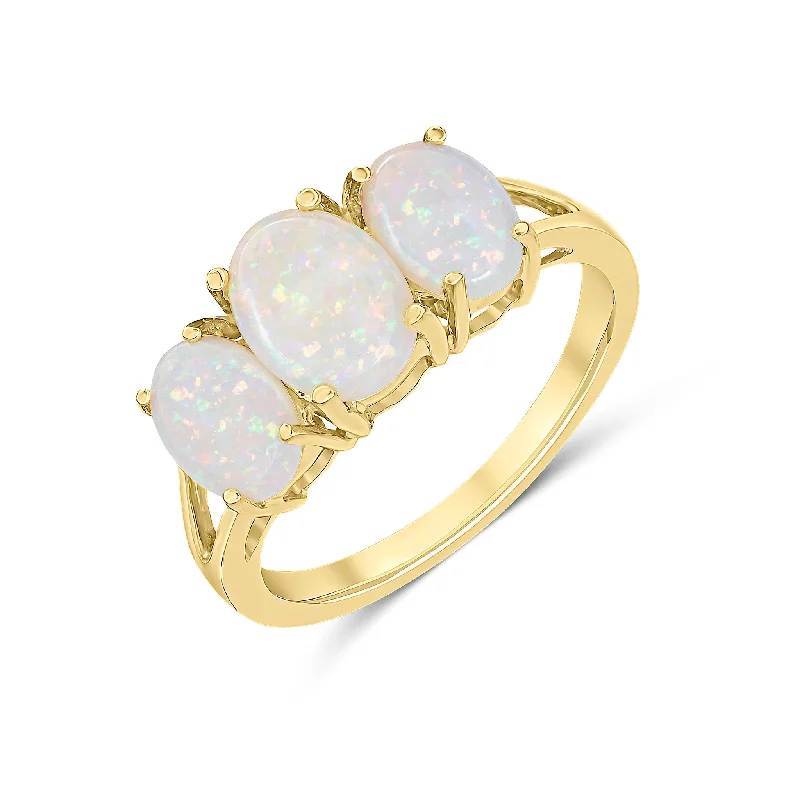 rose gold rings for women -9K Yellow Gold Oval Opal Trilogy Ring