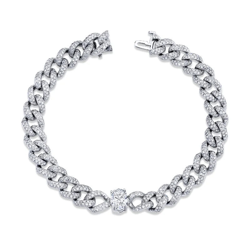 custom-designed bangles for women -READY TO SHIP DIAMOND PAVE MEDIUM LINK BRACELET W/ OVAL SOLITAIRE