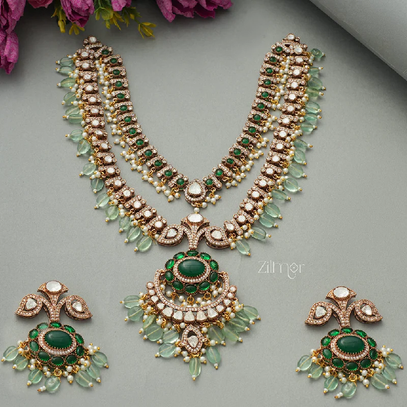 vintage necklaces for women -KH1011325 - Moissanite Stone and Green layered haar Polki Uncut Necklace Earrings Bridal Set