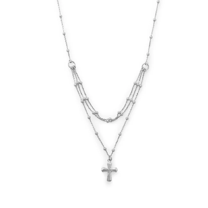 statement necklaces for women -Rhodium Plated Three Row Necklace with Cross