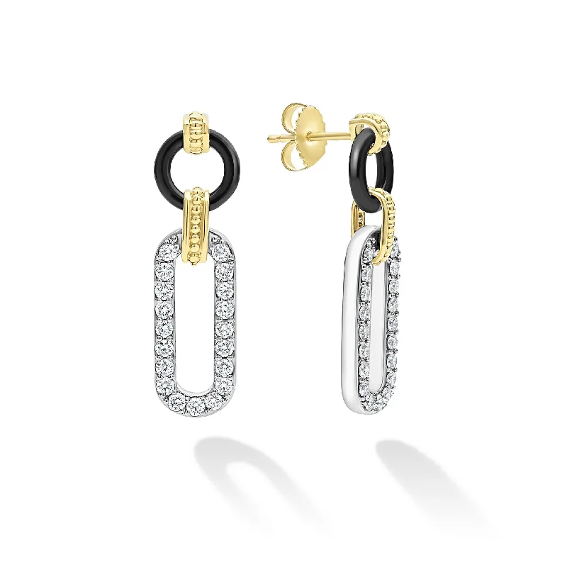 unique designer earrings -Signature Caviar 18K Gold and Black Ceramic Diamond Link Drop Earrings