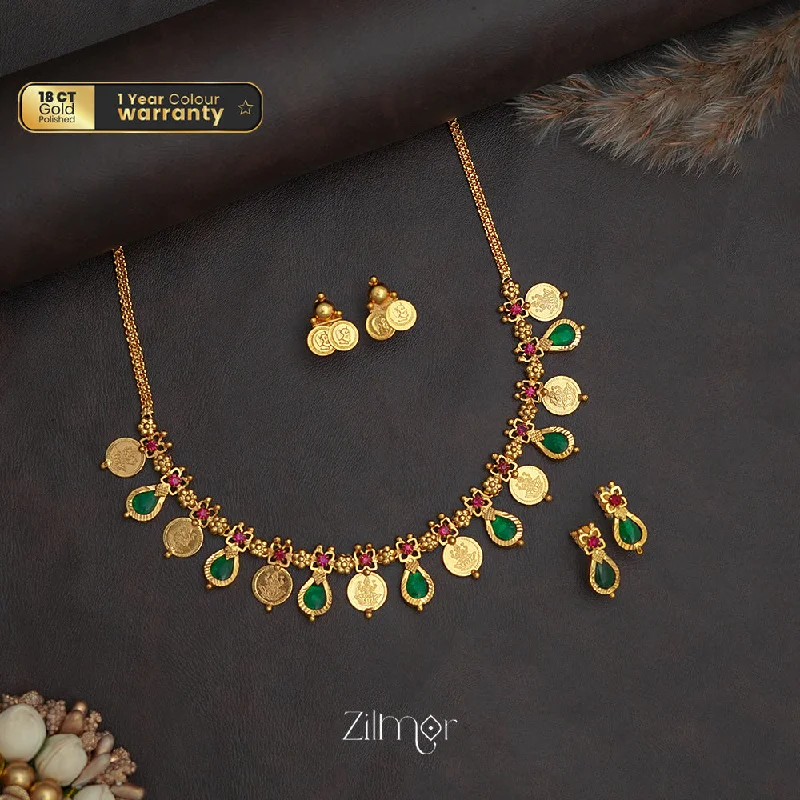 geometric necklaces for women -PP1011352 - Gold tone Lakhmi coin & Palakka Necklace with 2 Earrings set