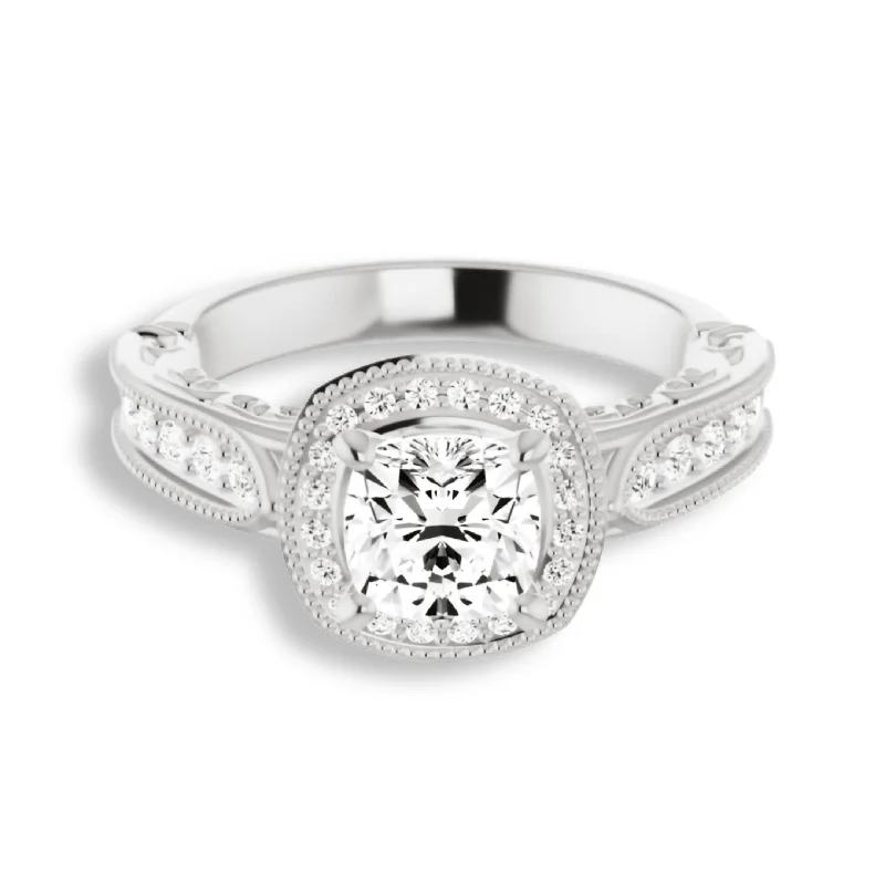 vintage style engagement rings -Vintage Style Cushion Cut Diamond Halo Engagement Ring