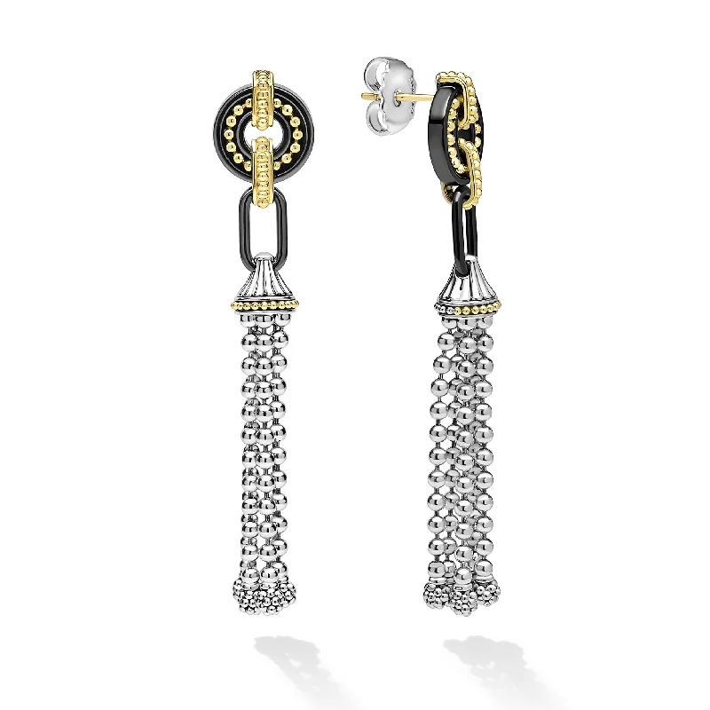 classic diamond earrings -Black Caviar Two-Tone Black Ceramic Tassel Earrings