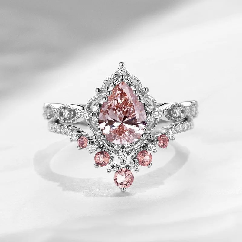 unique engagement rings for women -Antique Pear Cut Pink Lab Diamond Engagement Ring 2pcs