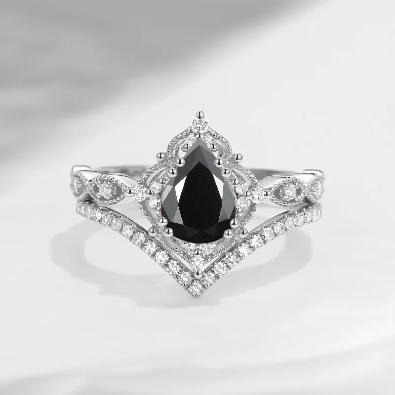 anniversary engagement rings -Pear Shaped Black Moissanite Engagement Ring Set 2pcs - Evelyn