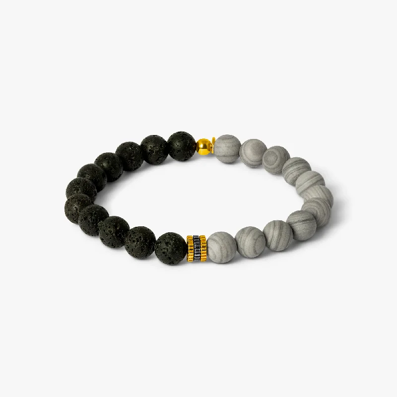 engraved bracelets for women -Gear Trio Beaded Bracelet In 18K Yellow Gold Plated Silver With Lava Beads & Grey Wood Jasper