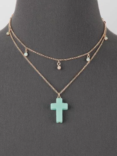 handcrafted necklaces for women -Double Strand Cross Stone Pendant Necklace