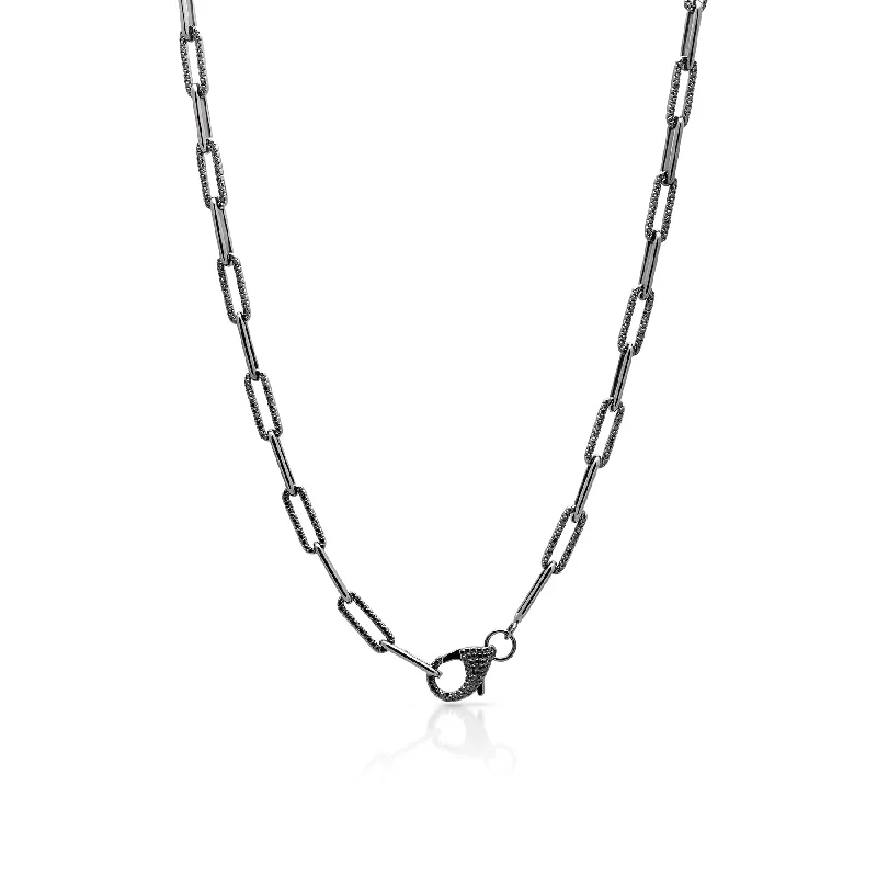 women’s pearl pendants -14KT Black Rhodium Black Diamond Paper Clip Link Necklace