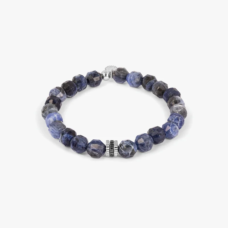 adjustable gold bracelets for women -Gear Trio Hexade Beaded Bracelet in Rhodium Silver with Sodalite