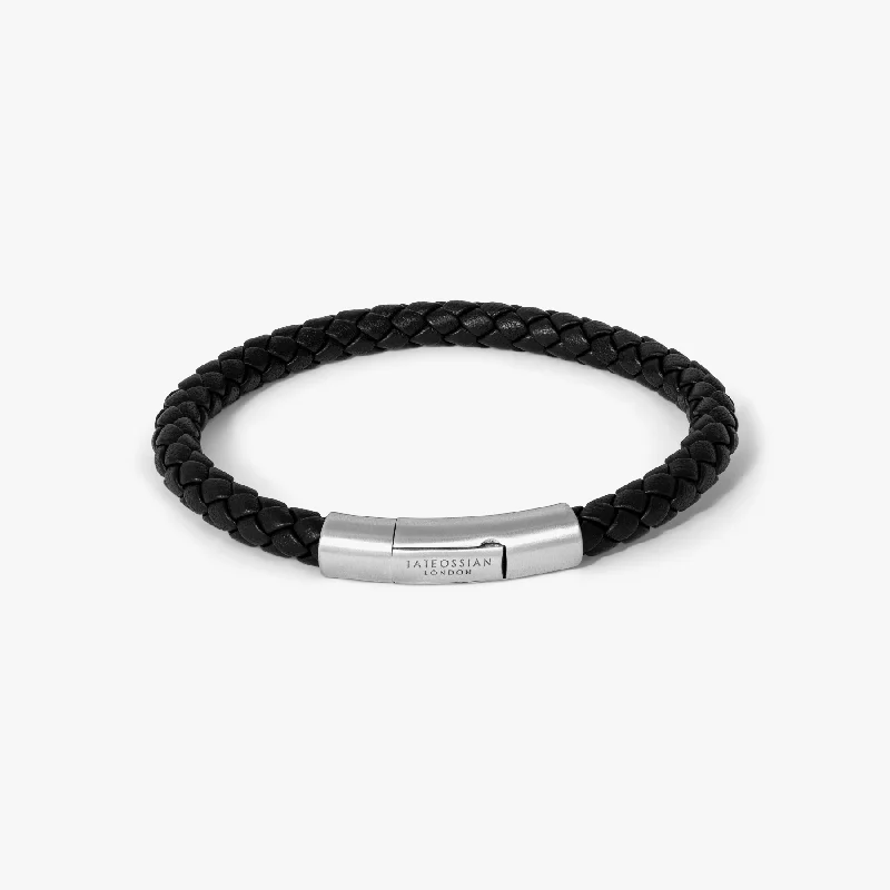 contemporary cuff bracelets for women -Charles Regalia Black Leather Bracelet With Rhodium Plated Silver