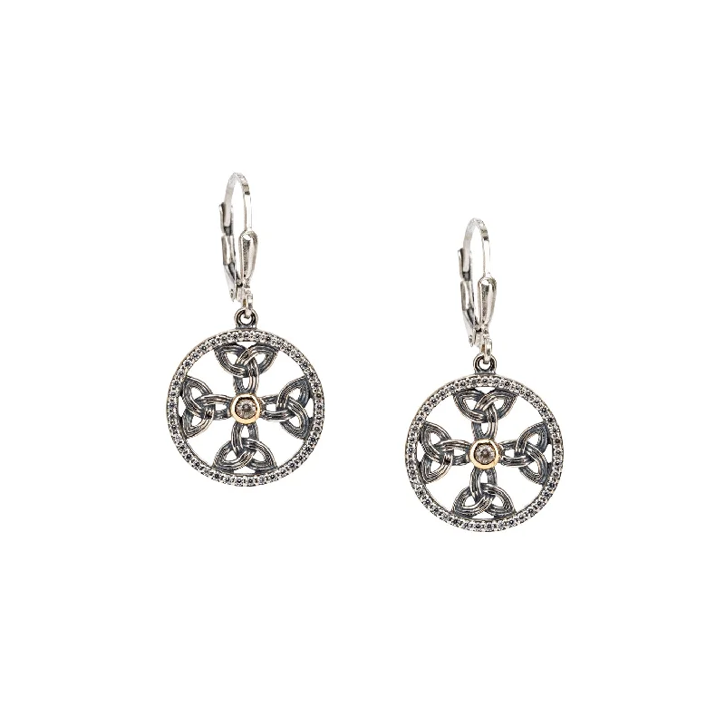 gemstone stud earrings -Silver and 10k Gold Celtic Cross Leverback Earrings - Cubic Zirconia