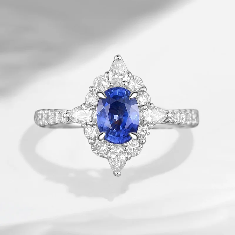 pear cut engagement rings for women -Art Deco Oval Shaped  Lab Sapphire Cluster Engagement Ring