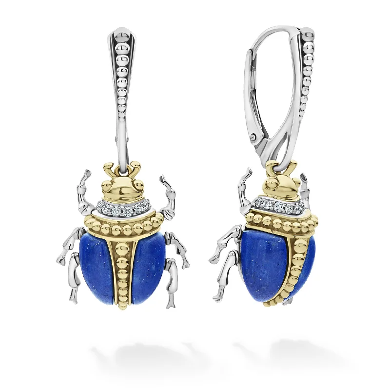 women’s sterling silver earrings -Rare Wonders Lapis Beetle Diamond Drop Earrings