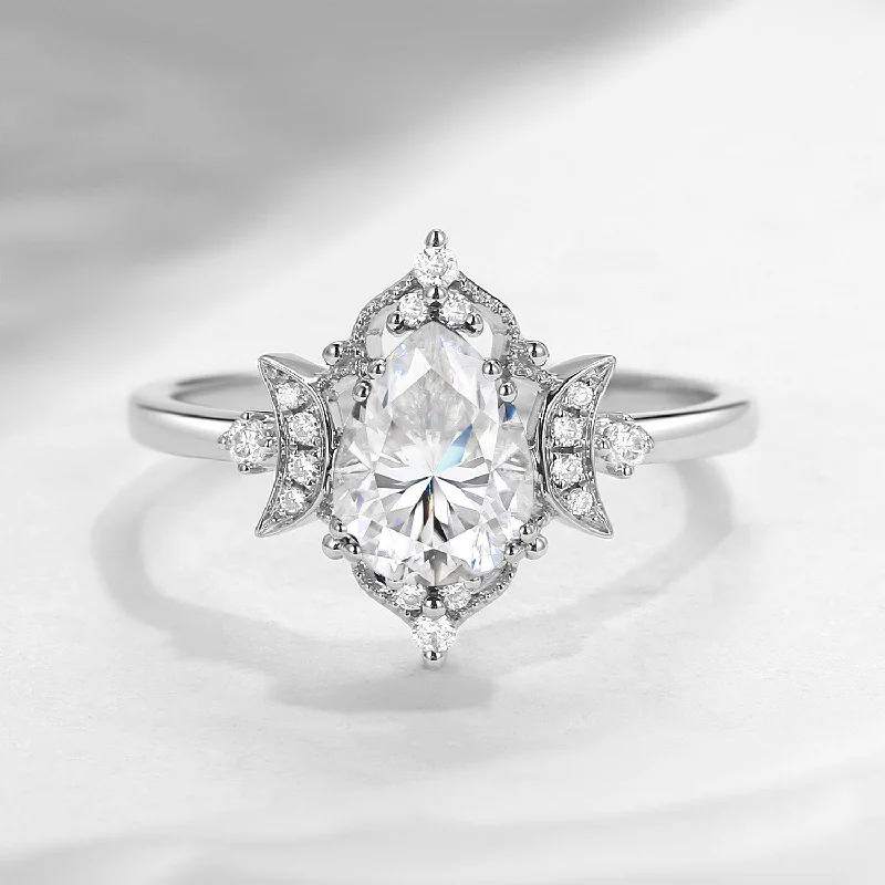 silver engagement rings for women -Crescent Moon | 1.2ct Pear Cut Moissanite Engagement Ring