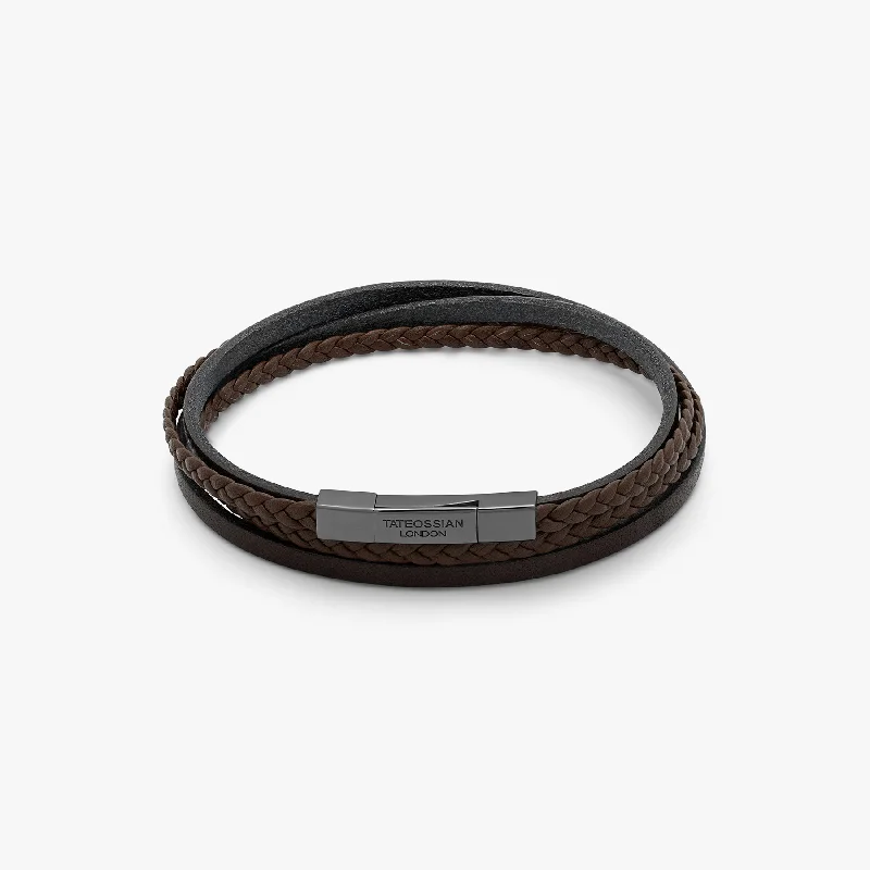 men’s and women’s matching bracelets -Mini Click Fettuccine Multi-Strand Leather Bracelet In Brown