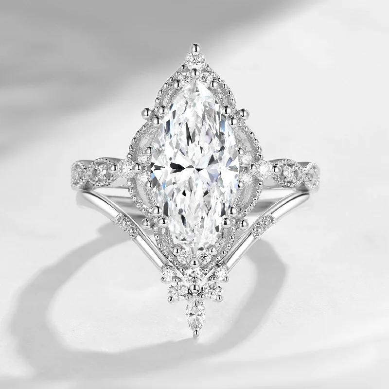 mixed metal engagement rings -2.5ct 18K Unique Marquise  Moissanite Engagement Ring Set 2pcs