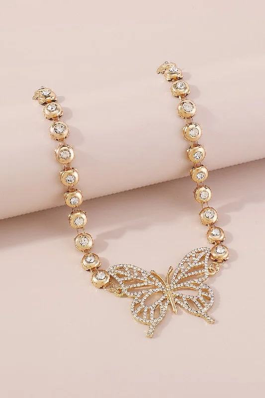 trendy choker necklaces for women -Rhinestone Chain Butterfly Necklace