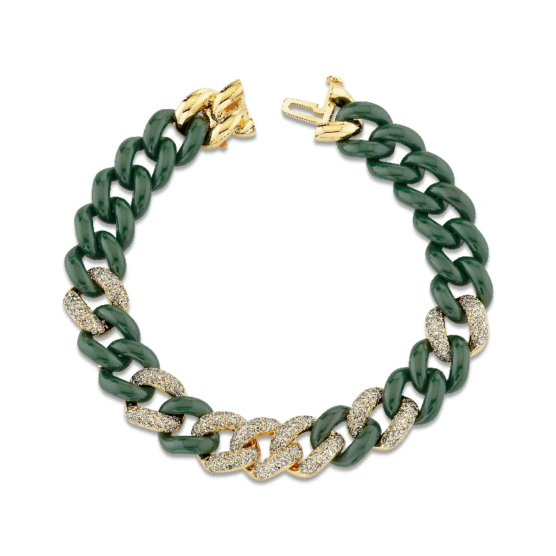 braided bangles for women -DIAMOND 7 PAVE & GREEN CERAMIC ESSENTIAL LINK BRACELET