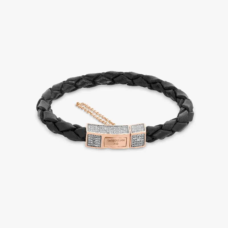 silver bracelets for women -Click Scoubidou Micro Pave bracelet in black leather with 18k rose gold and diamond