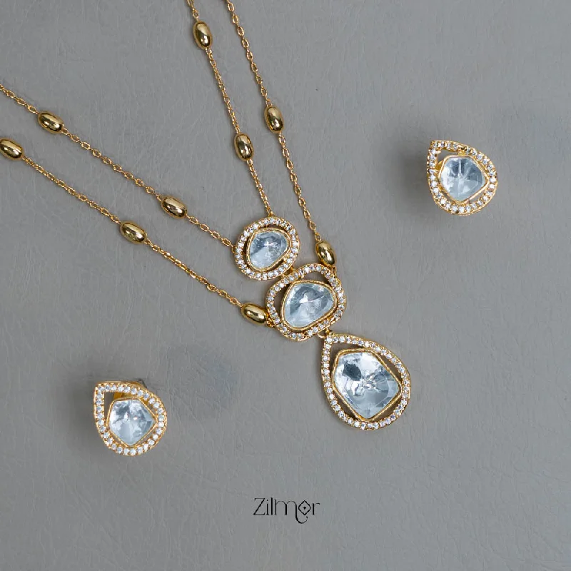 women’s sparkling necklaces -KH101958 - Moissanite Polki Stone Double Layer Necklace with Earrings