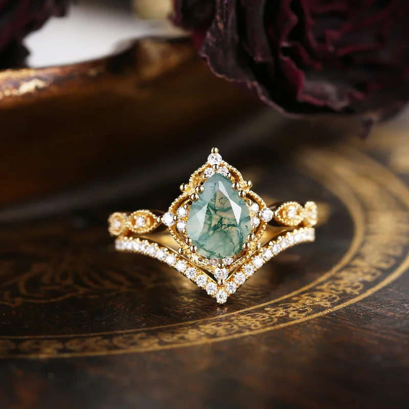 radiant-cut diamond engagement rings -1.5ct Pear Shaped Moss Agate Engagement Ring Set 2pcs - Evelyn