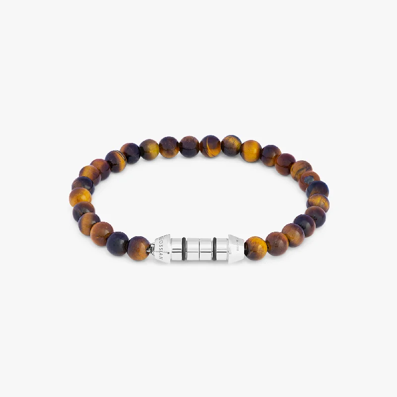 classic bangles for women -Lucky Me Beaded Bracelet In Rhodium Plated Silver with Brown Tiger Eye