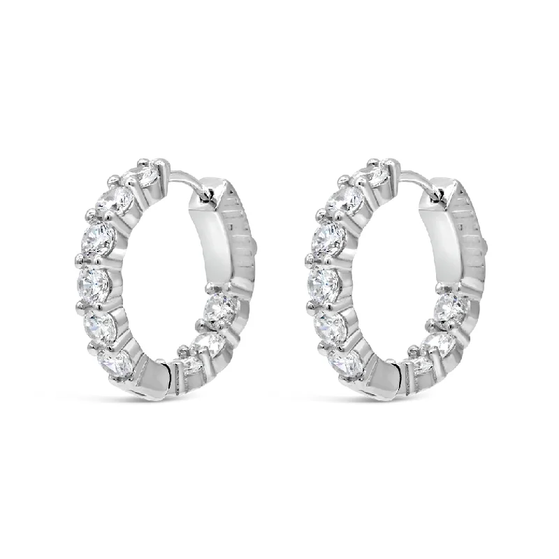 fancy earrings for women -CLASSY ROUND STONED HOOP SILVER EARRING