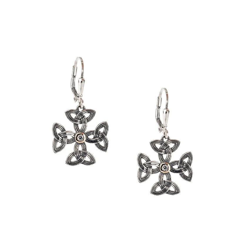 stylish earrings for women -Silver and 10k Gold Cross Leverback Earrings - Cubic Zirconia