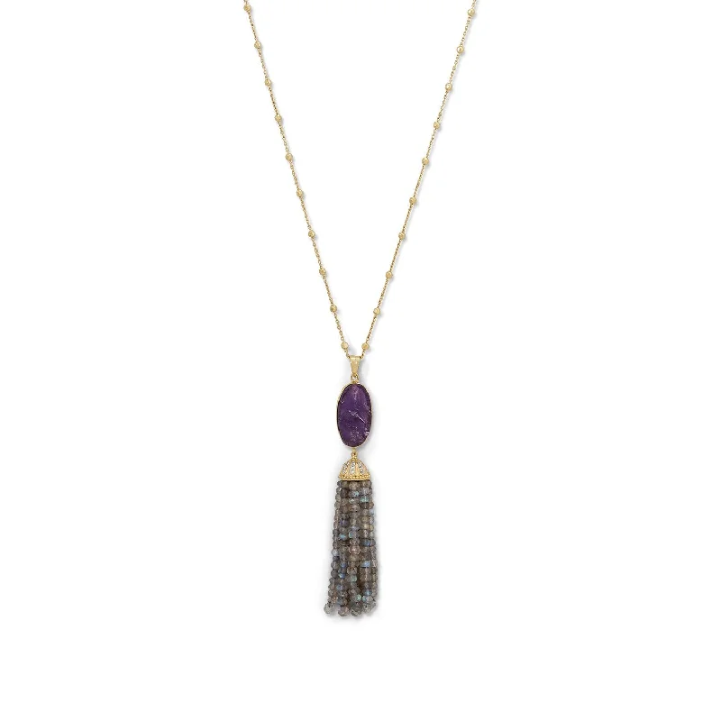 sparkling crystal necklaces for women -14 Karat Gold Plated Amethyst and Labradorite Tassel Necklace