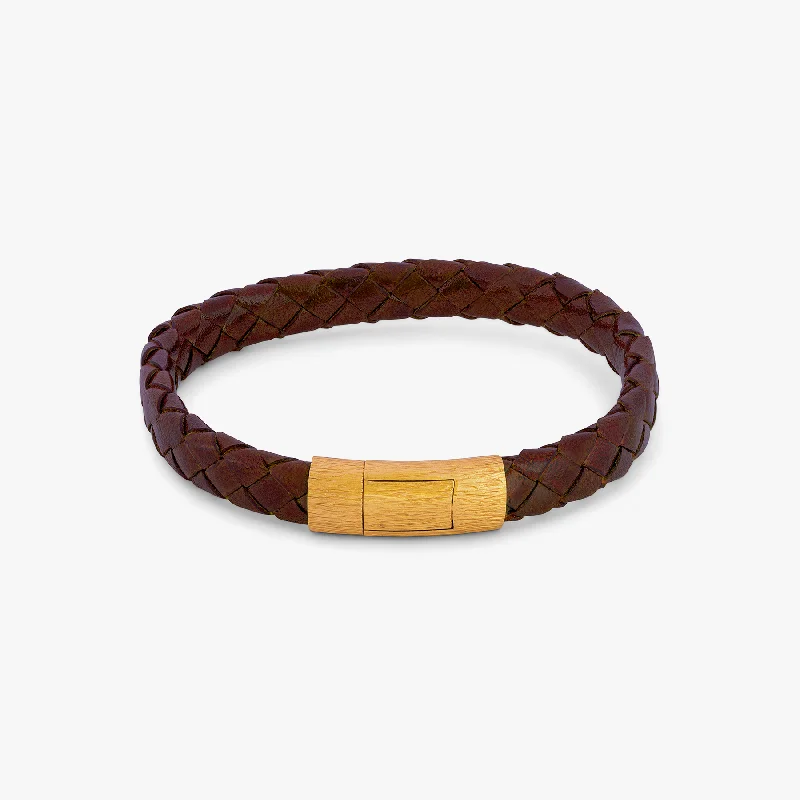 stunning gold bangles for women -Graffiato Oval Leather Bracelet in Brown with Yellow Gold Plated