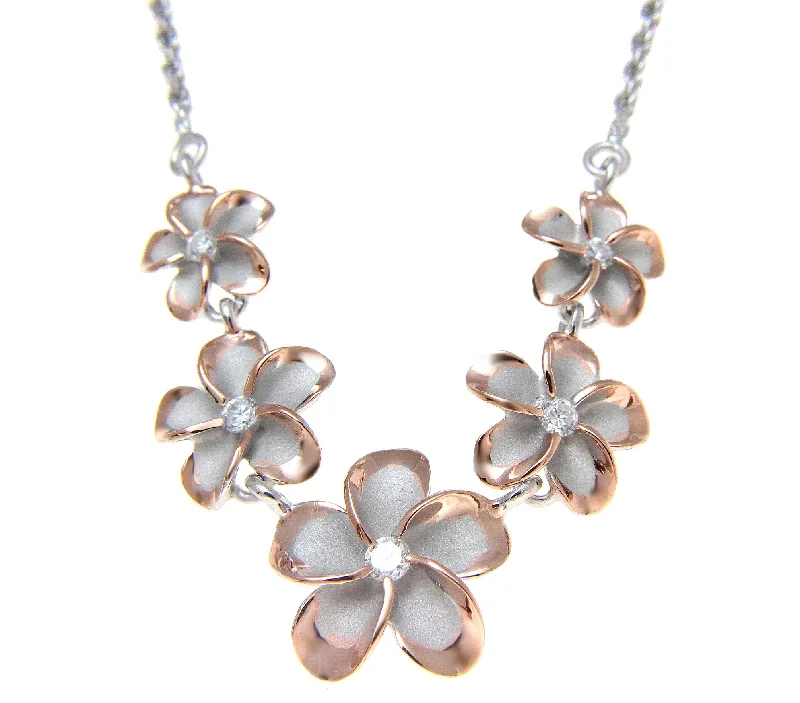 minimalist necklaces for women -SILVER 925 5 HAWAIIAN PLUMERIA FLOWER NECKLACE RHODIUM PINK ROSE GOLD 2 TONE