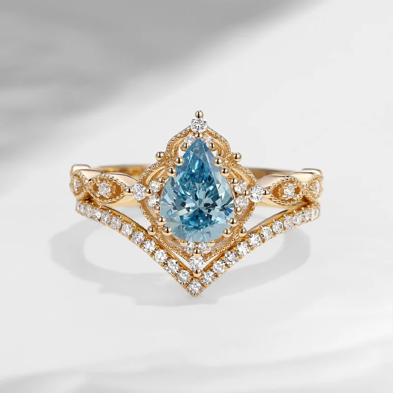 unique sapphire engagement rings -Pear Shaped Blue Lab Diamond Antique Stacking Engagement Ring 2pcs - Evelyn