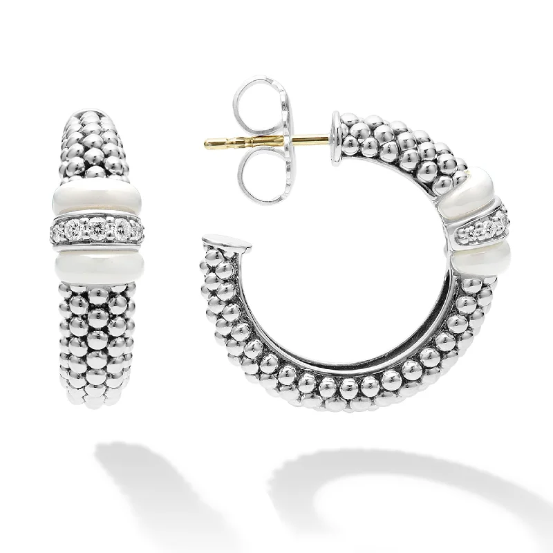 custom-made earrings for women -White Caviar White Ceramic Caviar Diamond Hoop Earrings