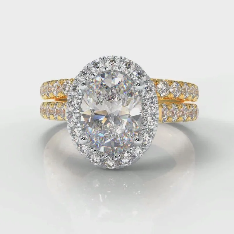 vintage rings for women -Micropavé Oval Diamond Halo Bridal Set - Two Tone Yellow Gold