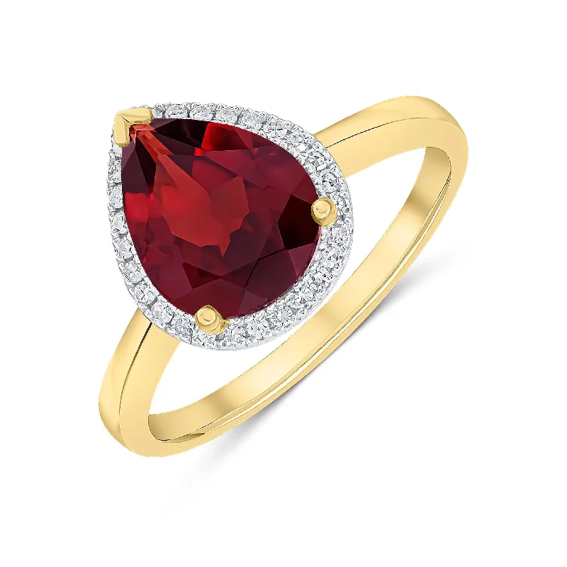 women’s diamond halo rings -9K Yellow Gold Pear Garnet & Diamond Halo Ring