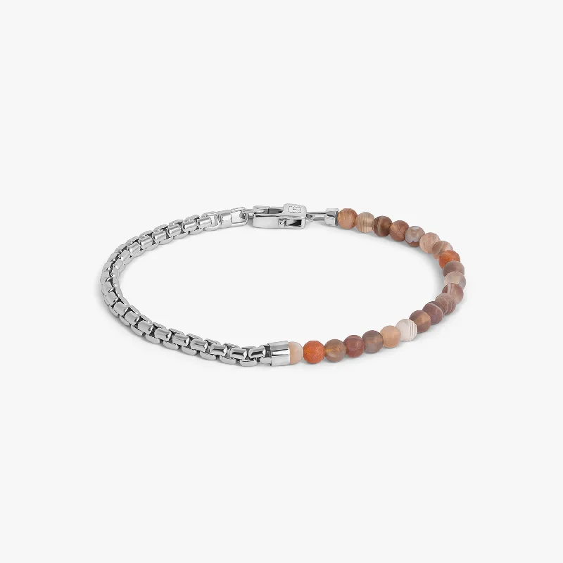 sterling silver bracelets for women -Sennit Beaded Box Chain Bracelet in Rhodium Silver with Multicolour Botswana Agate