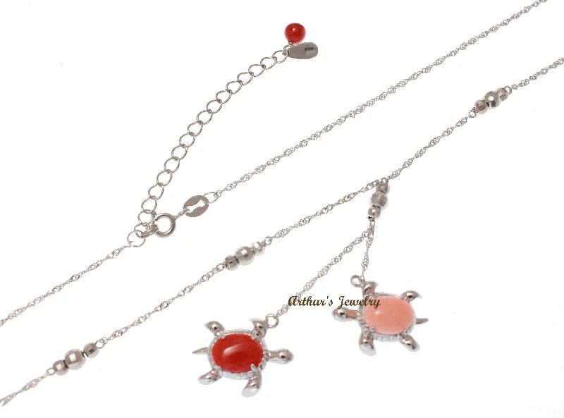 elegant necklaces for women -GENUINE PINK RED CORAL HAWAIIAN SEA TURTLE LARIAT NECKLACE 925 SILVER 18"