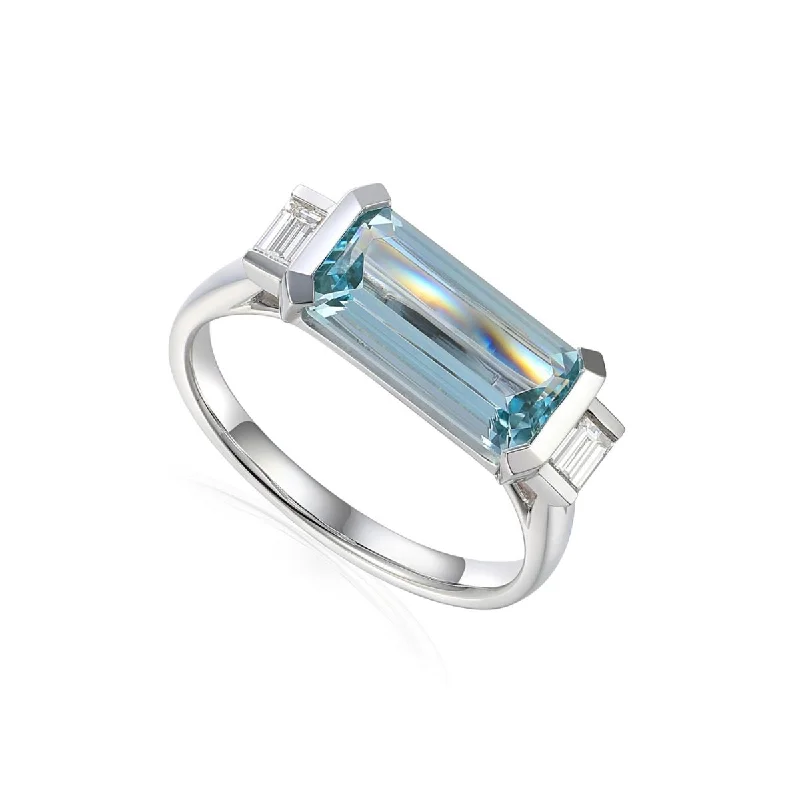 gold wedding bands for women -18K White Gold Aquamarine & Diamond Ring