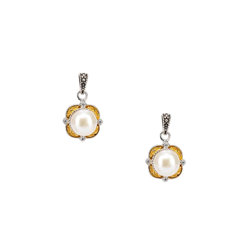 women’s gold drop earrings -Silver And 10k Gold Aphrodite Post Earrings -White Fresh Water Pearl