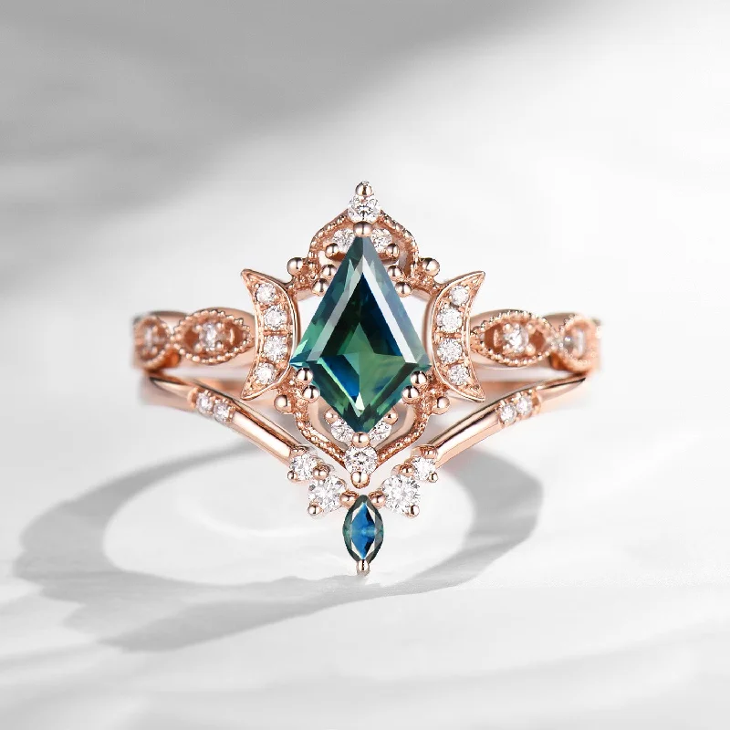 romantic engagement rings for women -Crescent Moon | Unique Kite Cut Lab Teal Sapphire Engagement Ring Set 2pcs - Luna