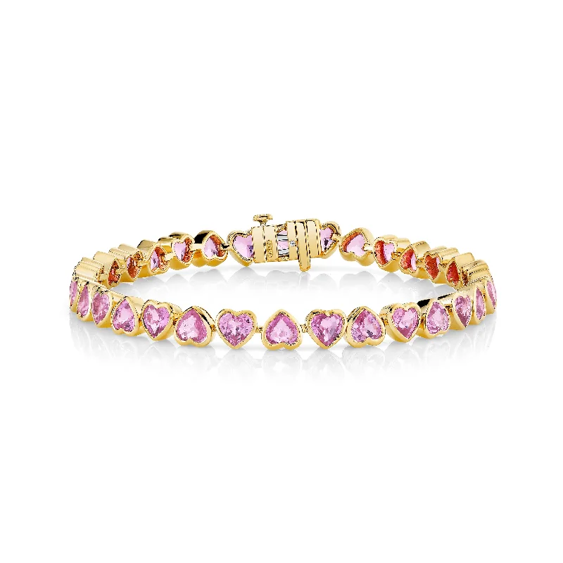 engraved bracelets for women -PINK SAPPHIRE BEZEL HEART TENNIS BRACELET