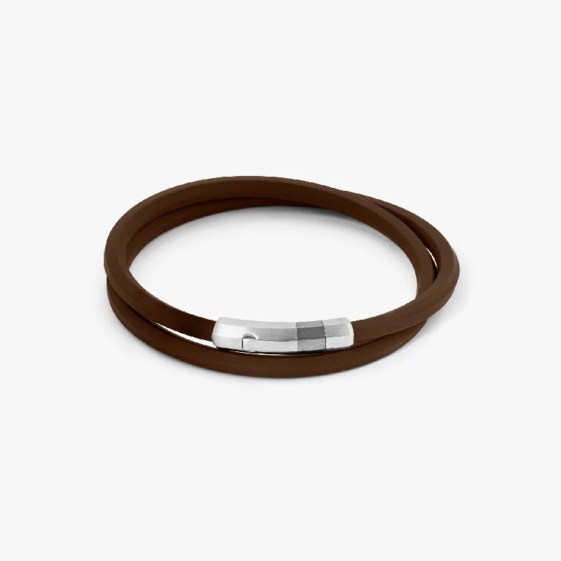 women’s luxury bangle sets -Octagon Click Bracelet In Rhodium Plated Silver and Brown rubber