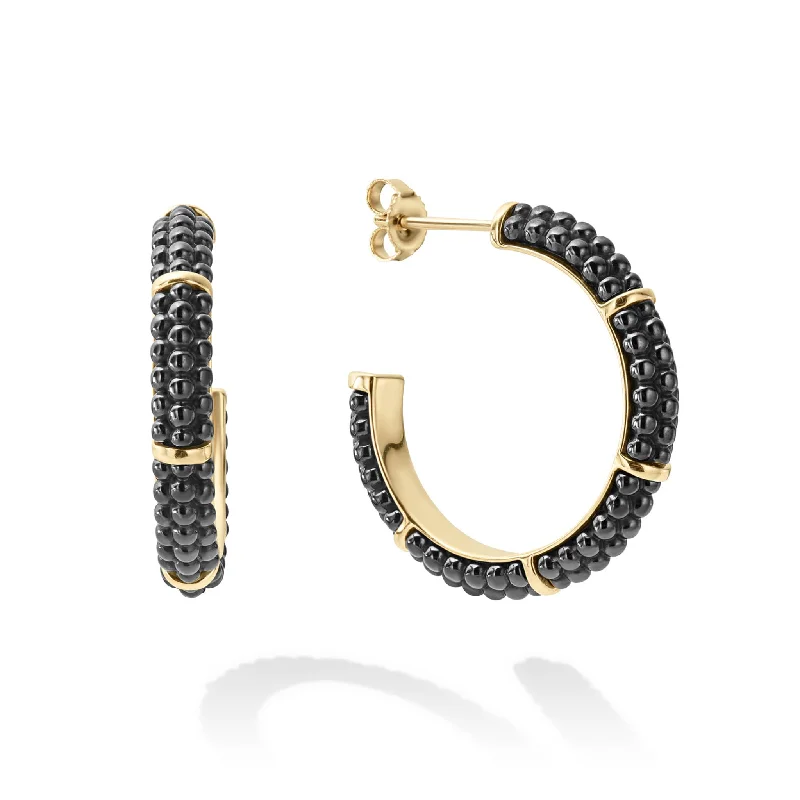 gold drop earrings for women -Black Caviar 18K Gold Station Ceramic Beaded Hoop Earrings